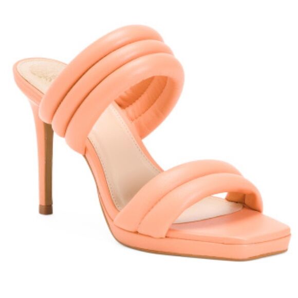 VINCE CAMUTO Puffy Leather Eluinsa Heel Sandals SlipOn Open Toe 4” Peach 8.5 NIB - Picture 1 of 10